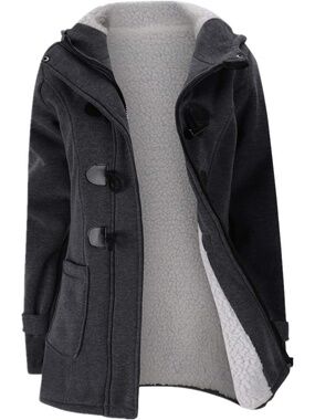 🆕 Jiangwu Women's Dark Gray Winter Coat Warm Horn Button Hooded Fleece Jackets